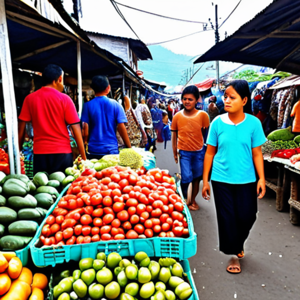 A bustling Dili city market in the early morning, filled with locals, fresh produce, seafood, and traditional 'Tais' fabrics.
